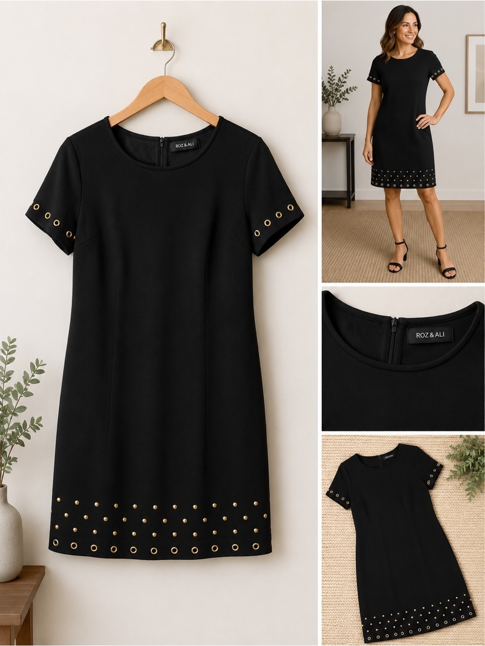 “Roz & Ali Black Dress Women’s | Gold Studded Hem Short Sleeve Mini” Size 12